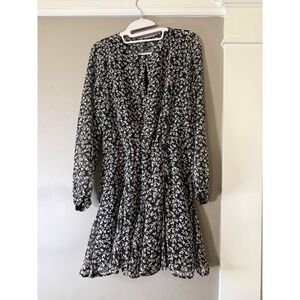 Zara Womens Floral Mini Dress Black White Long Sleeve Elastic Waist Size M